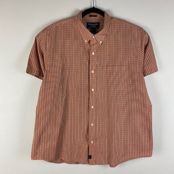 Abercrombie & Fitch Muscle Shirt Mens XL Short Sleeve Button Up Orange Plaid - Picture 1 of 8